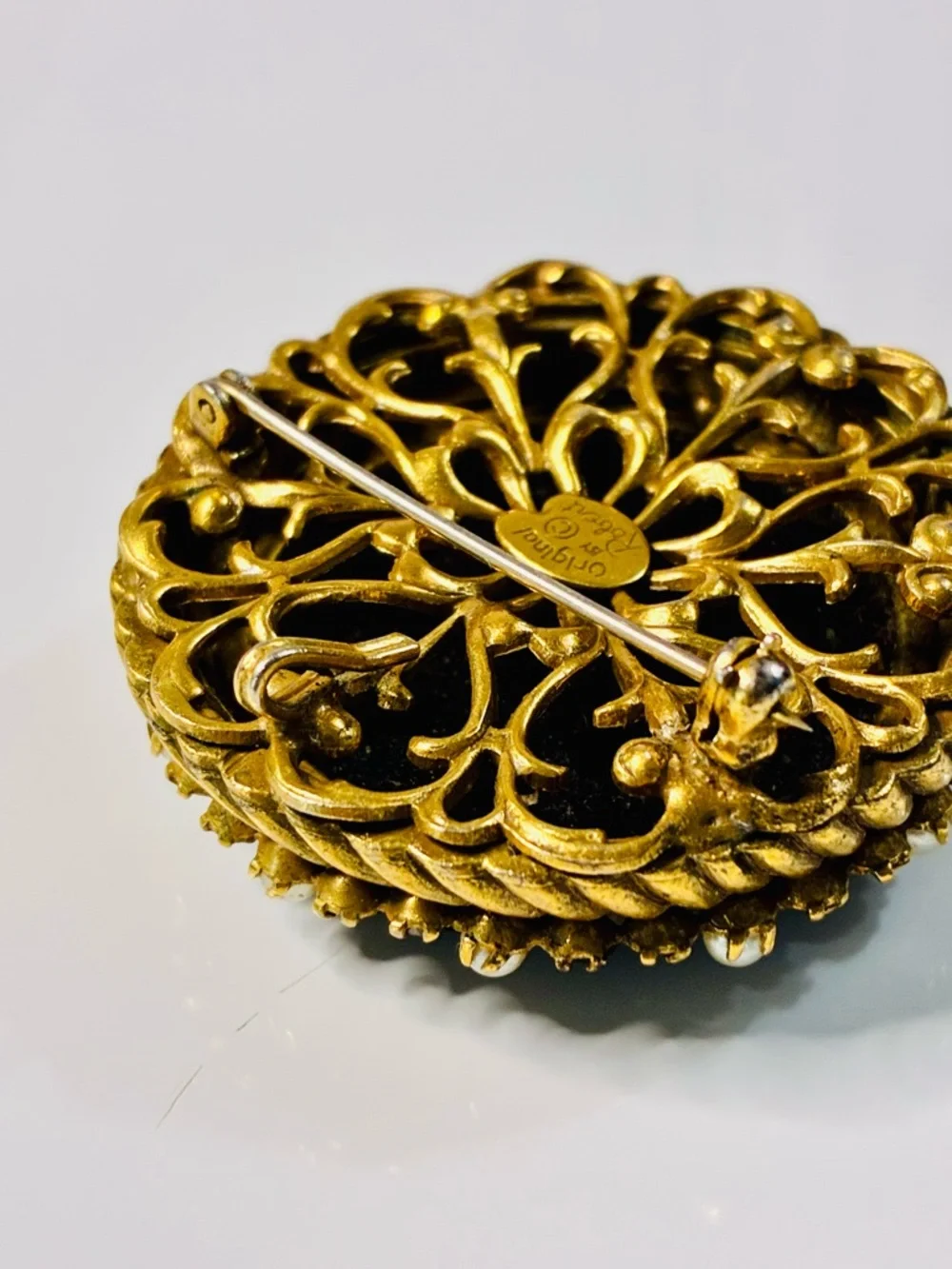 VTG Original By Robert Black and Gold Enamel Brooch with Pearls Courting Scene